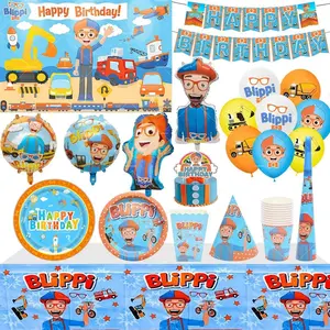 Blippi Balloons Happy Birthday Banner Decorations Party Supplies Backdrop English Teacher Cake Topper Cup Disposable Tableware