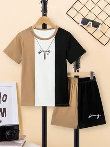 Summer New Boys' Three-Color Patchwork Short Sleeve Set, Husky Boy Clothes, Letter Print, Loose-Fit, Breathable, High Value, Trendy Street Style, Youth Kits