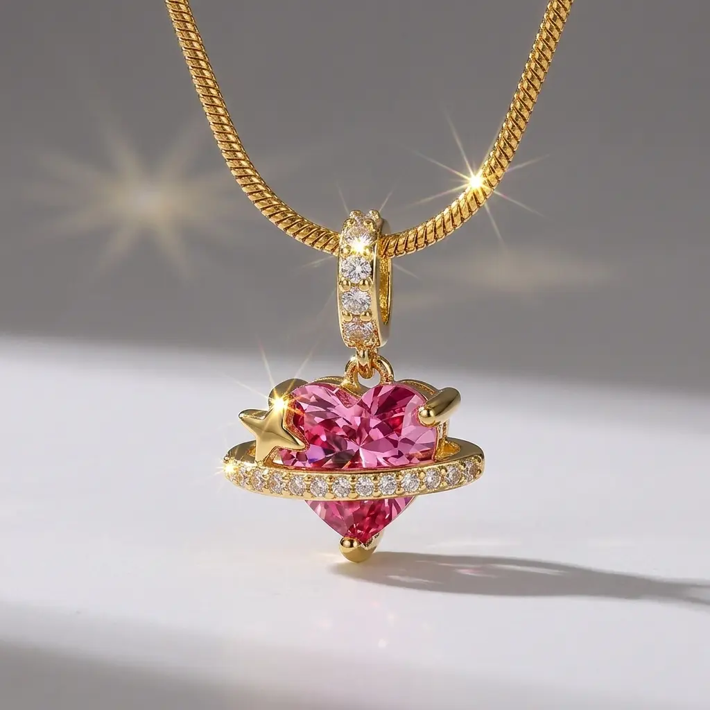 Women's Gold-Plated Pink Saturn Heart Locket Necklace, Dainty CZ-Inlaid Planet Pendant, Adjustable Snake Chain Costume Jewelry Necklace, Elegant Heart Design Stylish Accessories Dainty Fashion Jewelry (Ideal Birthday/Valentine’s Gift), Elegant Necklace