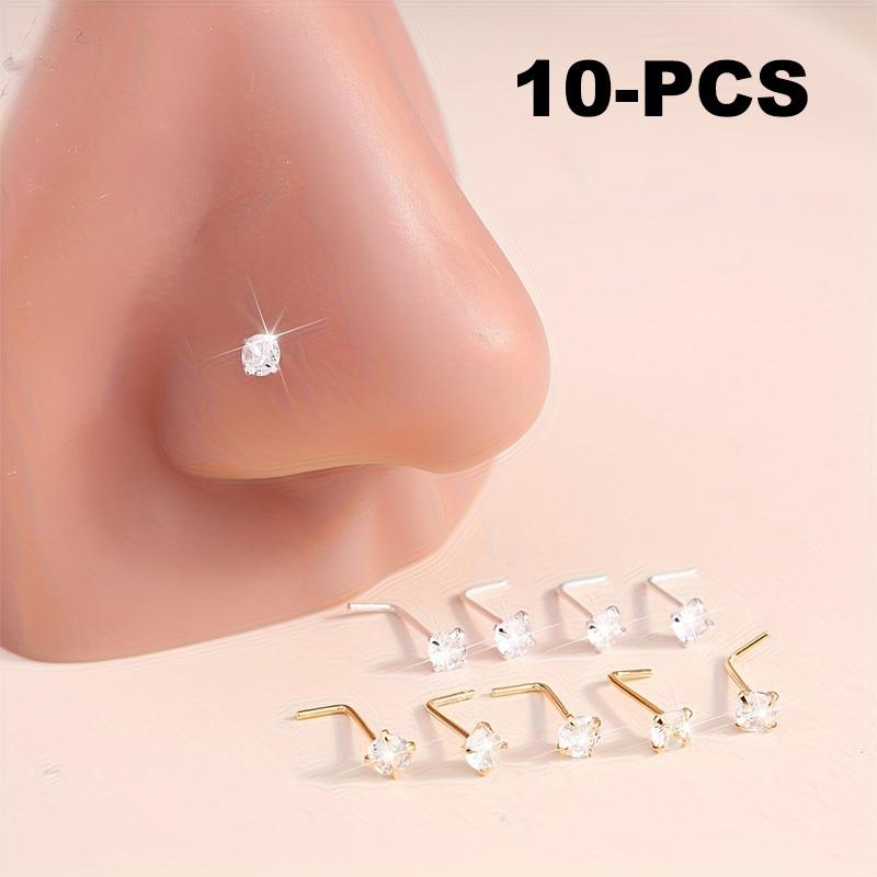 10Pcs Stainless Steel Simple Golden & Silvery Nose Rings Ear Studs Set Boho L-shaped Nose Nostril Piercing Body Jewelry Women Shiny Cubic Zirconia Nose Screw Ear Stud Ring L-shaped Nose Stud Set