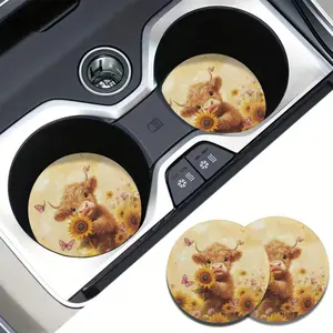 Scottish Highland Cattle-Sunflower Pattern Car Coasters Set of 2 Auto Interior Accessories Cup Coaster Holders Mats for Most Vehicles Living Room Kitchen Office, Anti Slip Insert Coaster