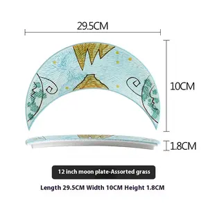 Creative Household Ceramic Plates Sushi Tableware 12-inch Moon Board Assorted Grass Hand-Painted Porcelain Irregular Shape for Kids 29.5CM x 10CM x 1.8CM Colorful Coffee Blue Snowflake