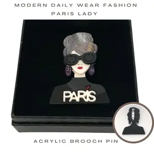 Chic Modern Paris Lady Dark Glasses Acrylic Brooch Pin - Elegant Design for Fashion Accessories