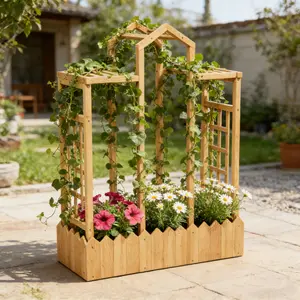 Raised Garden Bed with Trellis Privacy Screen - Planter Box for Climbing Plants