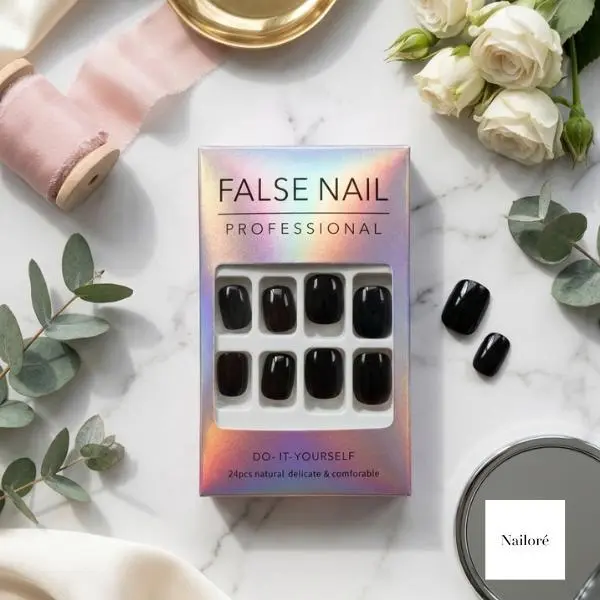 Nailoré Press On Nails Short Black – Glossy Square Fake Nails | 24pcs Reusable Press On Nails with File