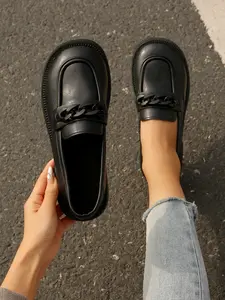 Women's Fashionable Slip-On Chain Shoes Size 36-43, Spring & Fall Casual Round Toe Deep Mouth Outdoor Commuting Footwear