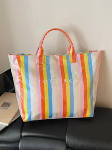 Women's minimalist fashionable multi-color striped letter tote bag, daily large-capacity casual easy-to-match PVC handbag, suitable for various occasions such as commuting, traveling, dating, shopping, etc.