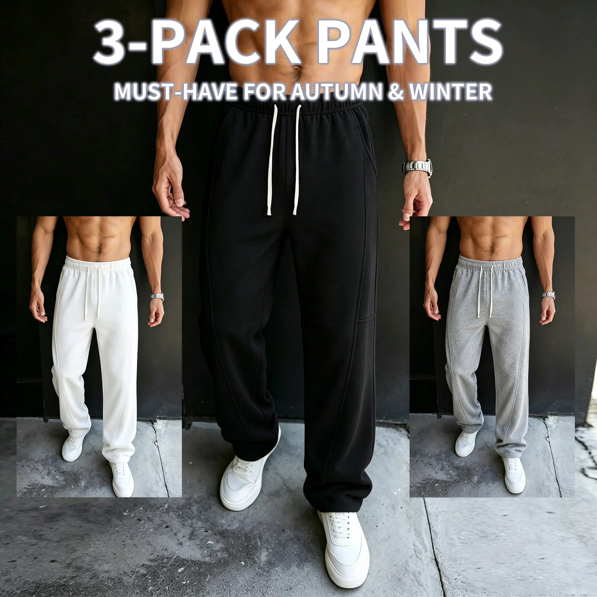 Men's 3-Pack Sweatpants, Loose-Fit Solid Color Wide Leg Joggers, Polyester Athletic Pants with Drawstring Waist, Athletic Wear, Male, Solid Colors, Three-Pack