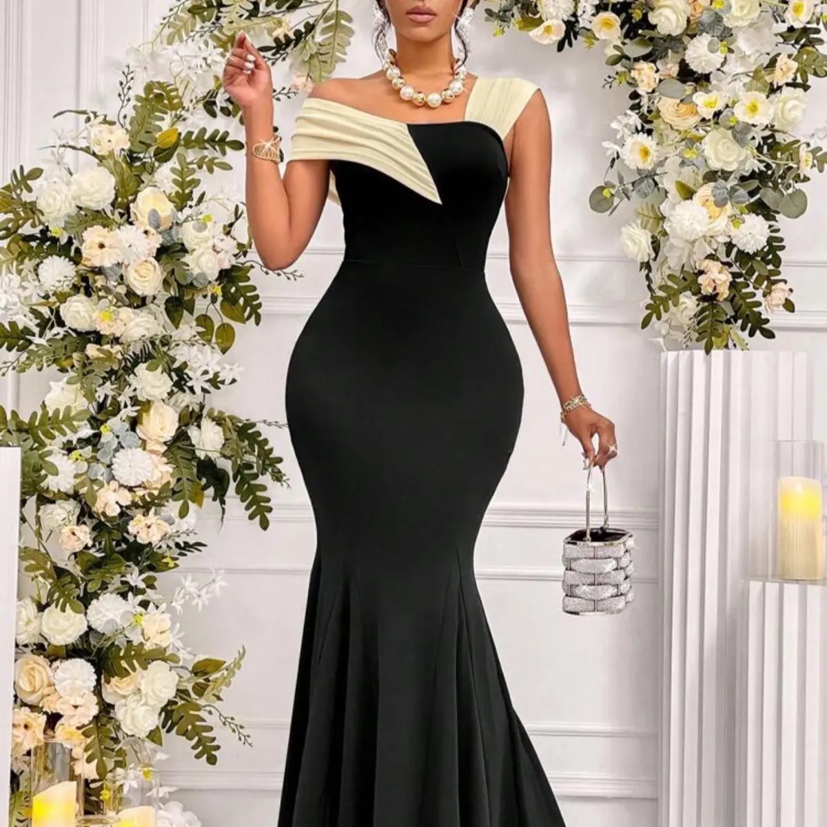 Women's Two Color Contrast Diagonal Shoulder Asymmetrical Fishtail Skirt Long Dress Elegant Senior Slim High Waist Women's Two Color Contrast Diagonal Shoulder Asymmetrical Fishtail Skirt Long Dress Elegant Senior Slim High Waist