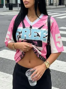 Women's Loose Fit Oversized Short Sleeve T-Shirt, All-Over Printed Sporty Style Tee, Perfect for Casual Wear & Daily