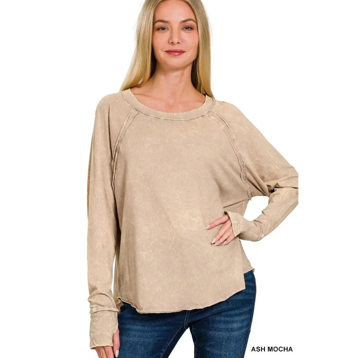 Zenana Crinkle Washed Thumb Hole Cuffs Long Sleeve Top