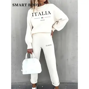[Italia-Inspired Nylon Tracksuit] Elegant Italia-Inspired Women's Nylon Tracksuit Set - Comfort Fit Long Sleeve Crew Neck Sweatshirt & Joggers - "ITALIA" Print, Relaxed Fit Clothing, Medium Elasticity Fabric for Fall & Winter