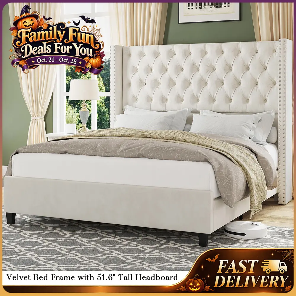 AMERLIFE Modern Bed Frame, Velvet Upholstered Platform Bed with 51.6" Tall Wingback Headboard, Deep Button Tufted, No Box Spring Needed/Sturdy Structure Design/Luxury Furniture Design/Queen/King Size/Christmas Gifts/Best Gift Ideas/Cozy Home