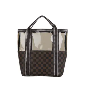 Trendy Handheld Makeup Bag, Large Capacity Cosmetic Organizer, Fashion Grid Transparent PVC Travel Wash Kit, Women's Portable Beauty Case