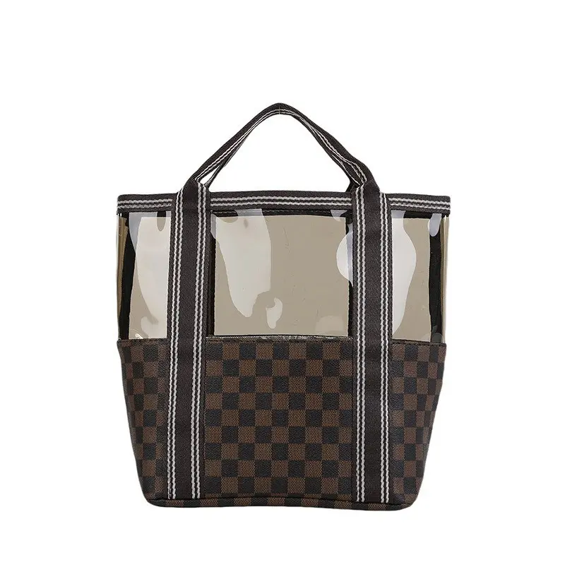 Trendy Handheld Makeup Bag, Large Capacity Cosmetic Organizer, Fashion Grid Transparent PVC Travel Wash Kit, Women's Portable Beauty Case, Makeup Pouch