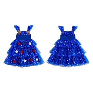 Toddler Girl 4th of July Dress Flag Stars Decor Tiered Tulle Princess Dress Red White Blue Patriotic Outfit Pageant