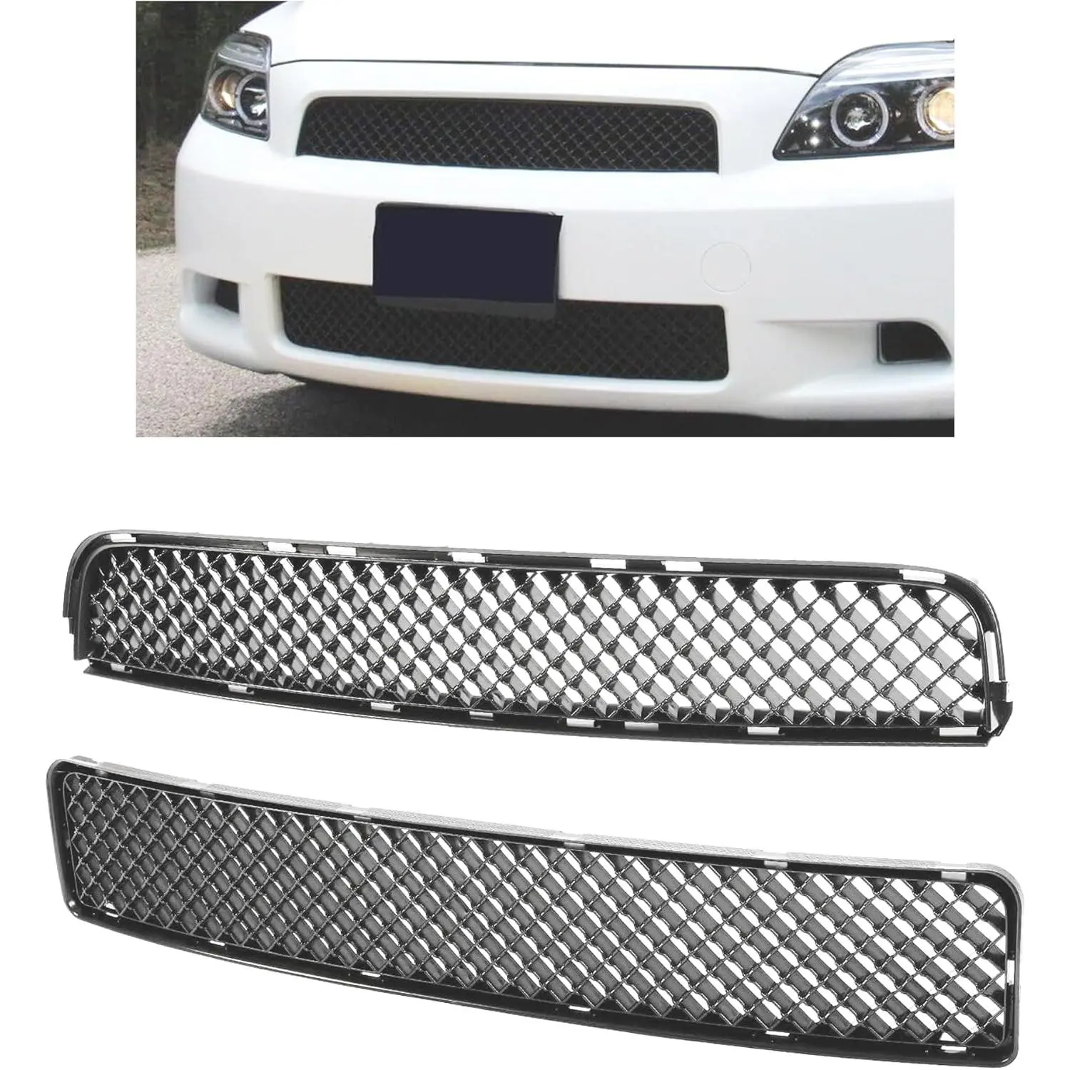KQQIO Front Upper & Lower Automotive Bumper Hood Mesh Grille, ABS Plastic Black Replacement for 2005-2010 Scion tC, Compatible with SC1200104 SC1036105 Car Accessory