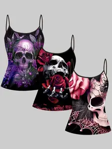 3 Piece Skull Rose Print Strapless Tank Tops for Women, Gothic Style Slim Fit Sleeveless Top, Summer Casual All-Over Print Clothing, Fitted, Floral, Goth Clothes