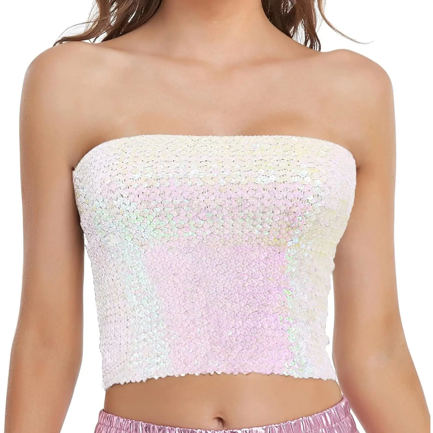 Womens Sparkly Sequin Mermaid Crop Tops, Strapless Metallic Tube Tops for Party Clubwear