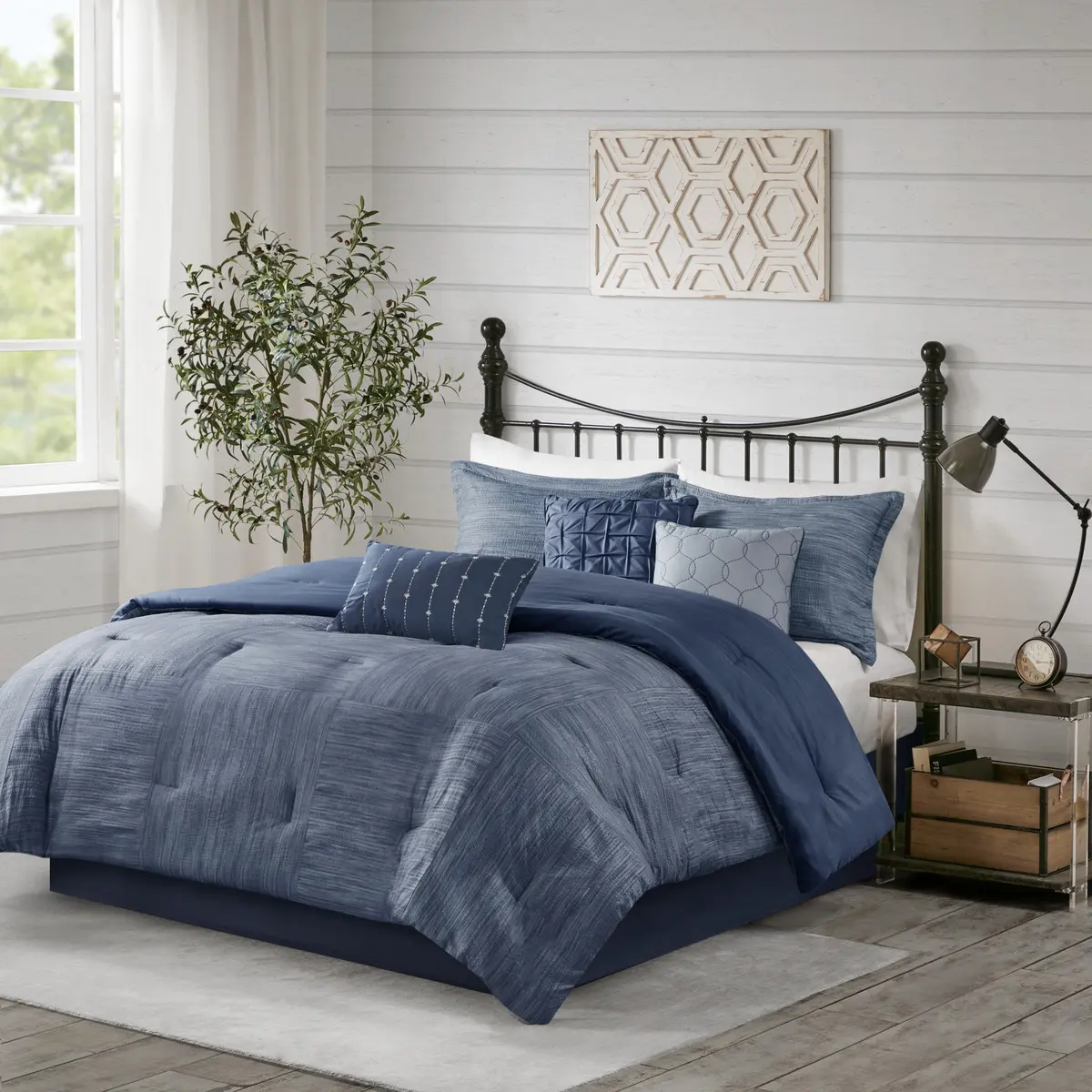 Queen Seersucker Comforter Set, 7-Piece Printed Navy Bedding with Sheets, Shams, Pillowcases, and Bed Skirt, Lightweight Wrinkle-Resistant All-Season Textured Fabric