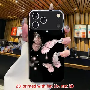 Light Luxury Glitter Pink Butterfly Black Bottom Tempered Glass Phone Case Suitable for iPhone 17 16,15,14,13,12,11 Plus Pro Max