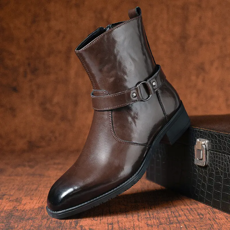 CYUW Men’s Fashion Retro Pointed-Toe Short Boots with Buckle, Laces, and Side Zipper – Streetwear Footwear Suitable for Daily Commuting and Weekend Gatherings