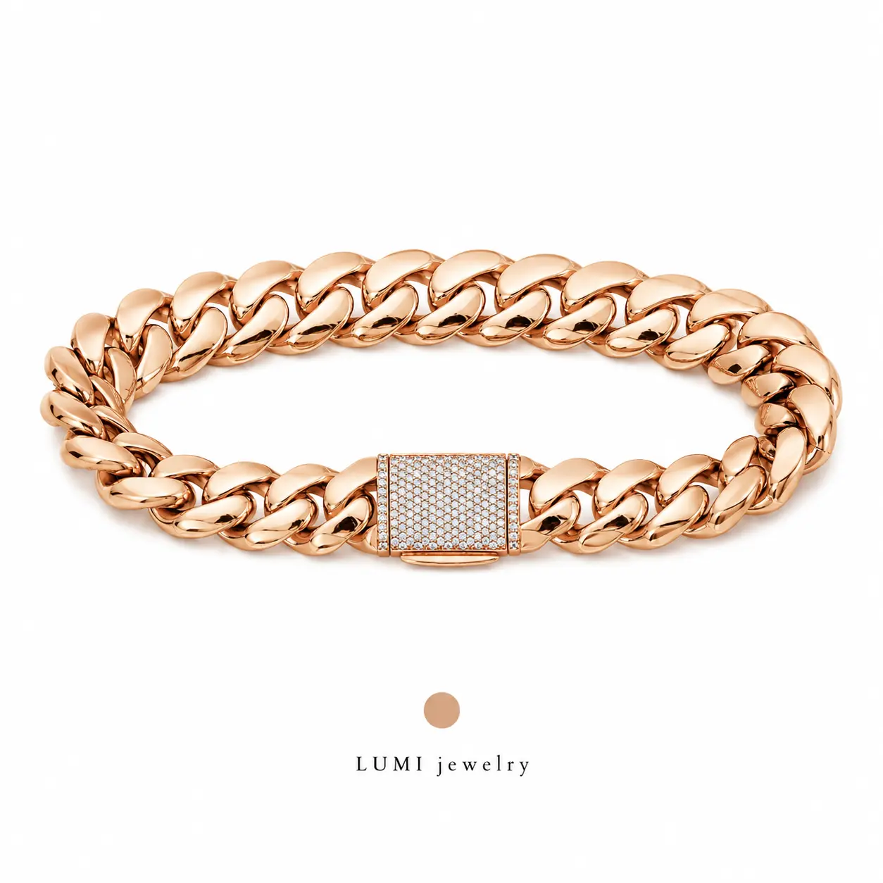 LUMI Jewelry Rose Gold Cuban Chain Bracelet with Diamond-Encrusted Clasp for Men and Women