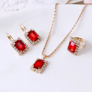 Crystal Set Necklace Earring Ring Three-piece Set in Red Green Black White Sapphire Blue Lake Blue Alloy Curb Chain Elegant Women's Jewelry