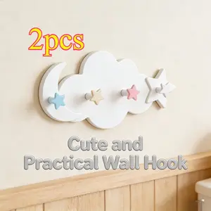2pcs Cloud Star Moon Hooks, No Drilling Strong Adhesive, Cute Cartoon Decor, Key Holder, Bathroom Towel Hook, Kids Room Wall Storage