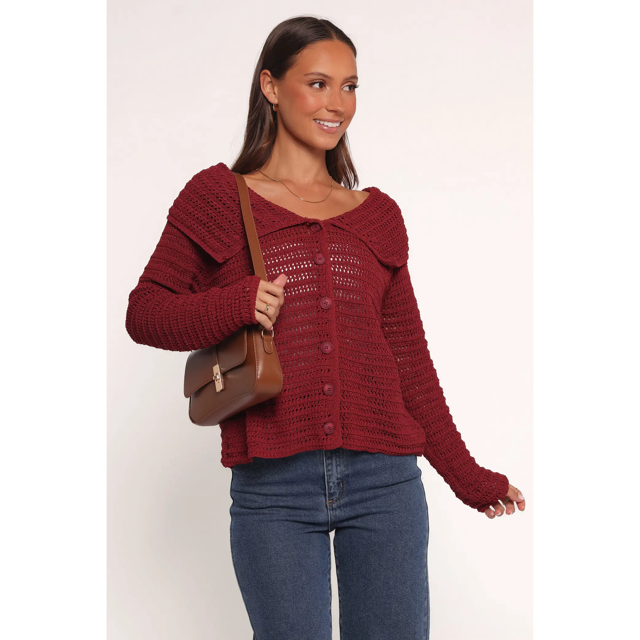 Lyra Large Collar Cardigan - Burgundy