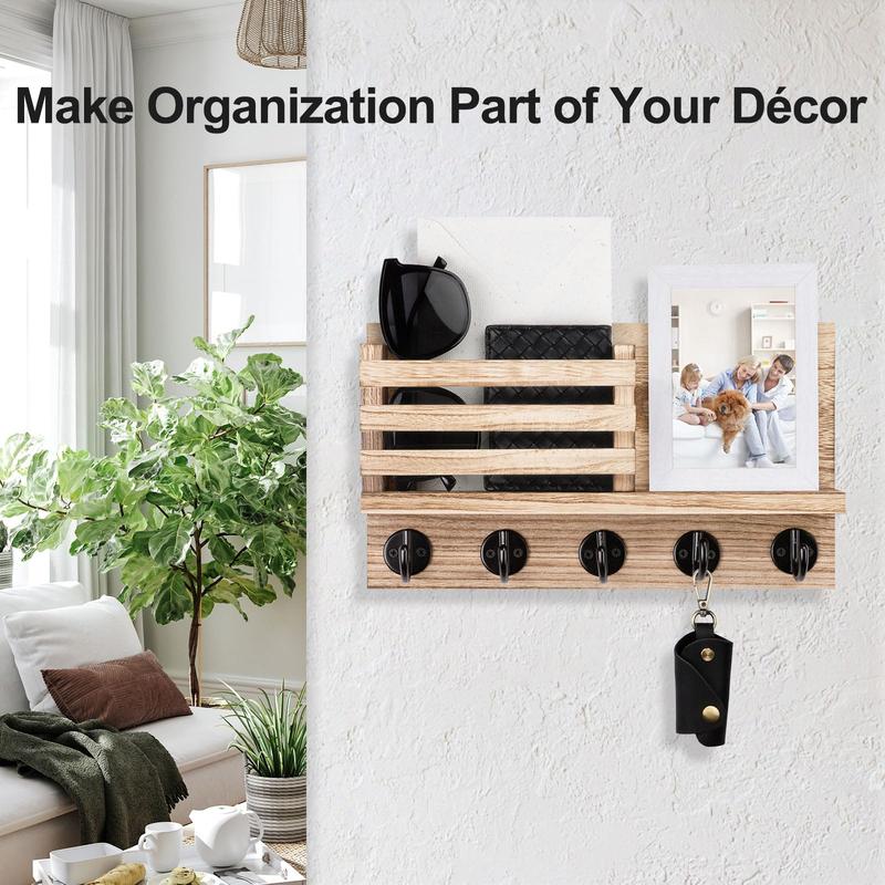 Wooden Wall Mounted Key Rack with 5 Metal Hooks, Decorative Mail Holder, Includes Installation Hardware, Ideal for Coats, Umbrellas, Bags, Storage Hooks