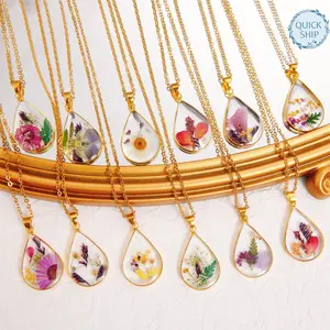 Gold/Silver Birth Month Floral Teardrop Necklace,Real Dried Flower Jewelry,Perfect Gifts for Birthday, Summer, Graduation, Mother's Day