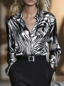 Women's Vintage Zebra Print Satin Shirt, Unique Design Long Sleeve Blouse, Fashionable and Stylish Women's Clothing