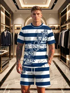 Men’s Nautical Anchor Stripe 2-Piece Set Loose Stretch Breathable Tee + Shorts Outfit For 18-45 Streetwear Summer Beach Vacation Co-ord
