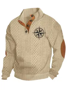 Men's Solid Color Jacquard Pullover Sweater, Quarter Button, Long Sleeve Stand Collar, Nautical Print, Casual Streetwear