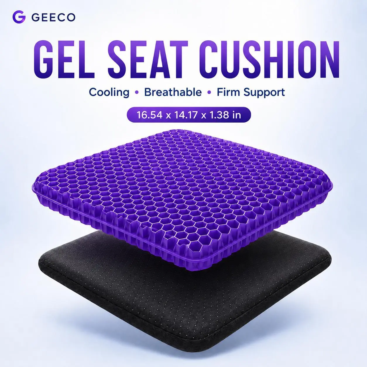 GEECO Durable Firm Gel Seat Cushion, Purple Honeycomb Cooling Breath Chair Pad with Non-Slip Soft Machine Wash Cover, 16.54x14.17x1.38in for Office Chair, Car, Pads, 16.54 X 14.17 X 1.38 In