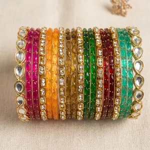 Women's 19-Piece Elegant Traditional Raindrop-Shape Glass and Kundan Bangle Stacked Set, Faceted Glass Costume Jewelry No Rhinestones for Party, Wedding