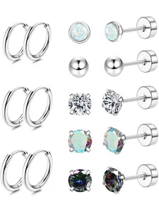 8Pairs 20G Stainless Steel Stud Earrings Hoop earrings for women and men, small flat opal CZ ball Return Cartilage Earrings Hoop Stud Earrings Stud Earring Jewelry
