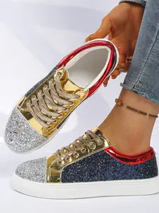 Women's Glossy Colorblock Sequin Board Shoes, Casual Tie-Strap Sports Trainer Sneakers, All-Season Street Style, PU Leather, Rubber Sole
