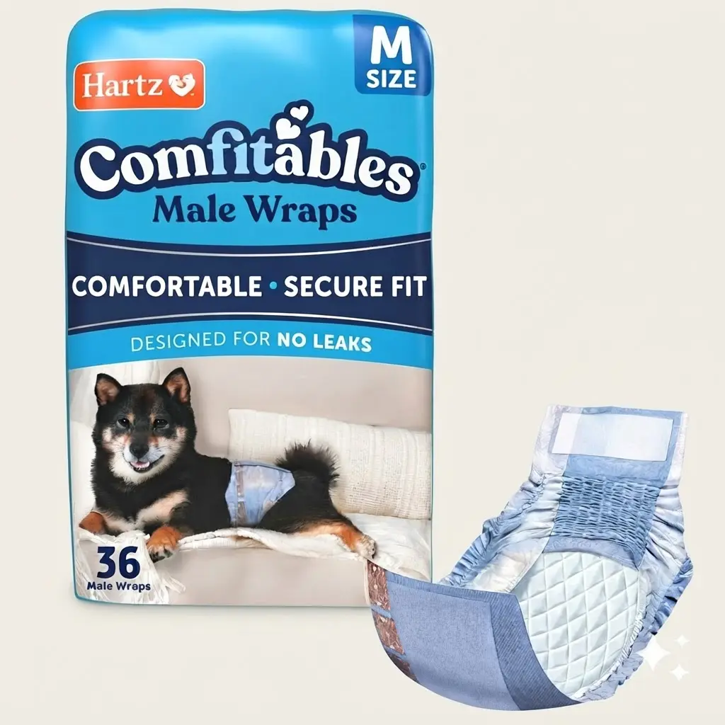 Hartz Comfitables Male Dog Wraps Stretchy Waistband Medium 36 Ct FlashDry Super Absorbent Incontinence Male Diapers