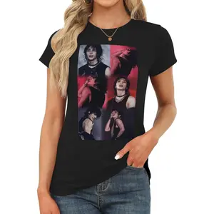 Hyunjin  Women's round-neck T-shirt, cotton short-sleeved fitted top, casual summer basic style T-shirt