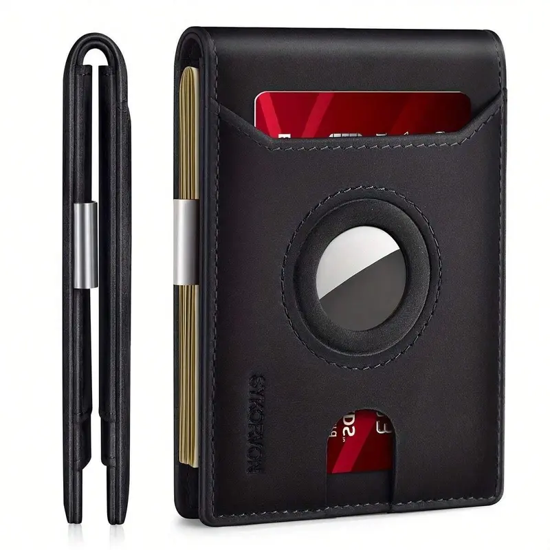 Men's AirTag Wallet - Black Leather with Card Slots & AirTag Holder for Secure Storage - Spacious Interior & Sleek Design