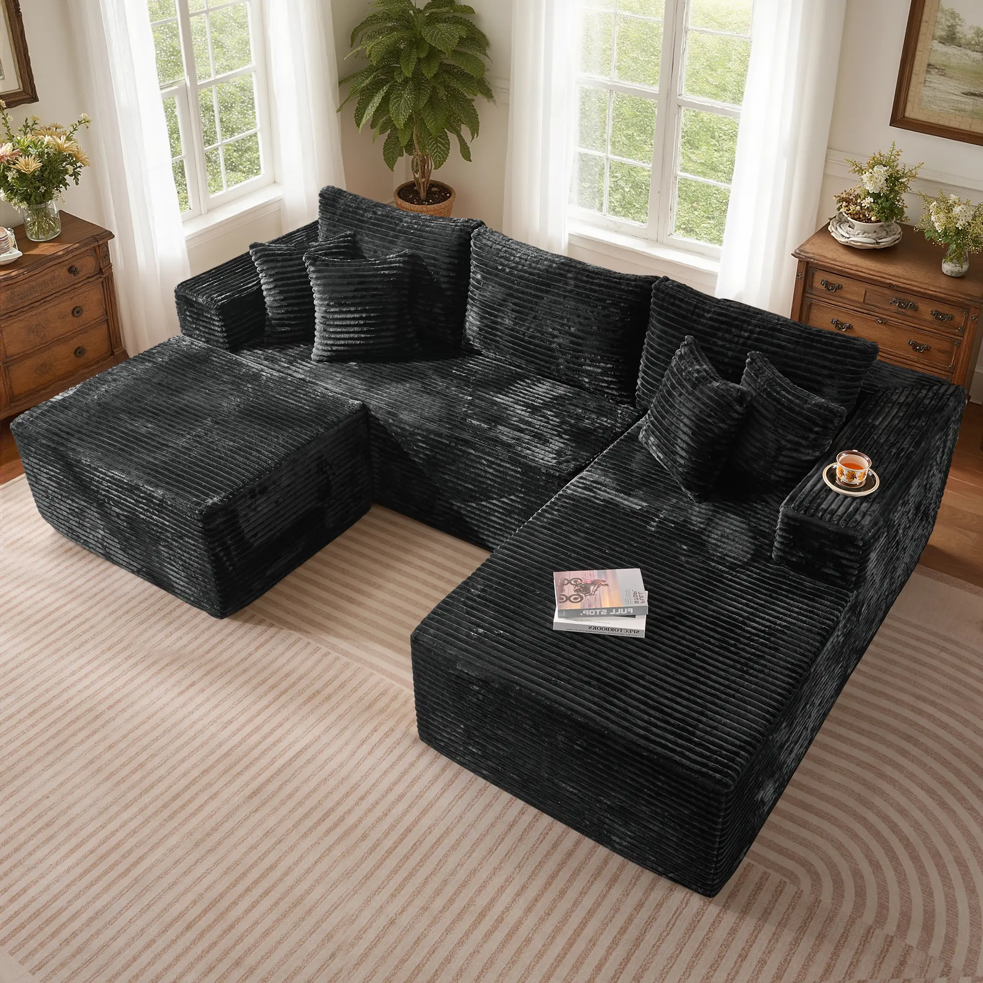 Black Plush Corduroy Right Chaise