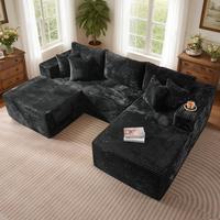 Black Plush Corduroy Right Chaise