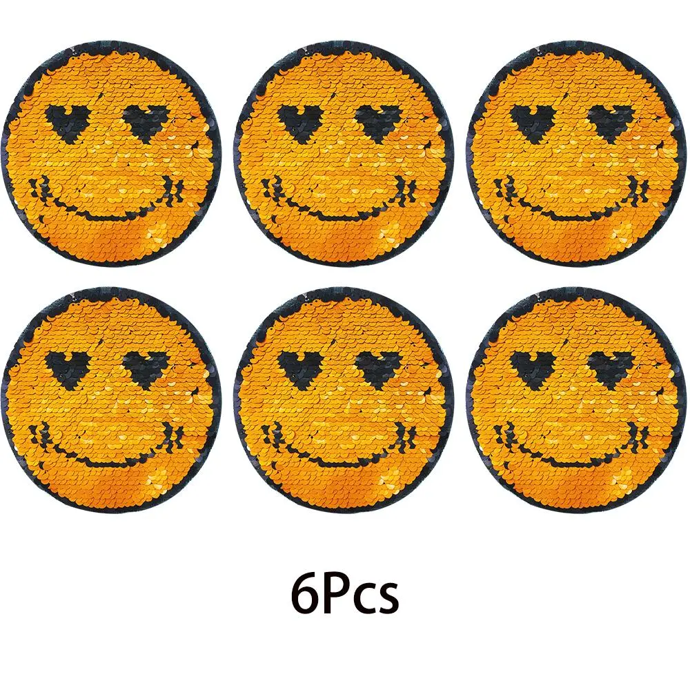 Smile Face Pattern Sequin Patch, 6 Counts Two-sided Sequin Patch, Fashion Clothes Patch, DIY Clothing Decoration for Clothes, Jeans, Jacket, Bag, Hat