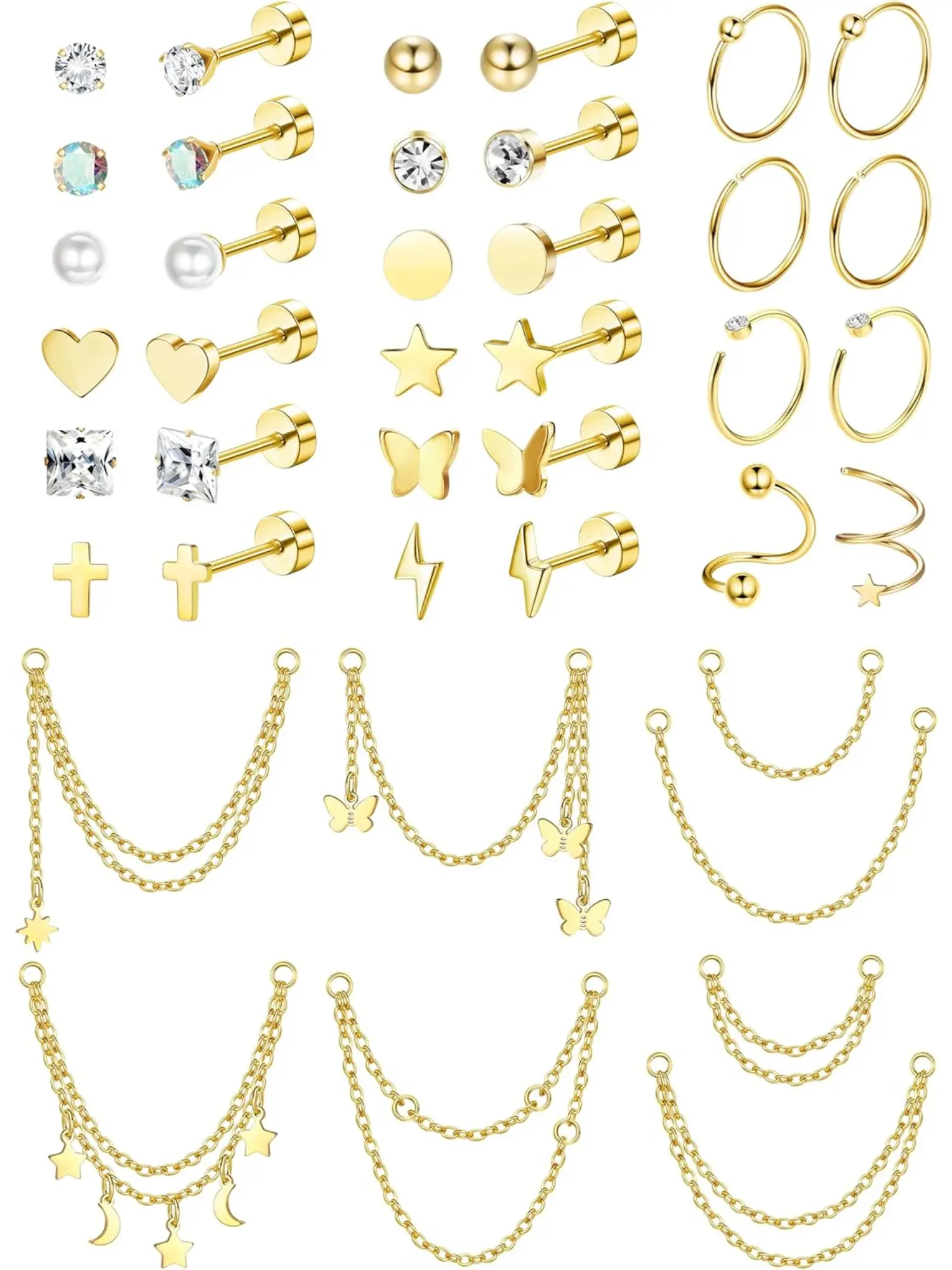 40PCS 20G Cartilage Earrings For Women Men Surgical Steel Flat Back Stud Earrings Small CZ Star Moon Opal Butterfly Cartilage Huggie Hoops Chain Dangle Cartilage Helix Tragus Piercing Jewelry Stackable Earrings Ear Studs