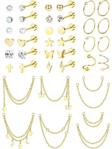 40PCS 20G Cartilage Earrings For Women Men Surgical Steel Flat Back Stud Earrings Small CZ Star Moon Opal Butterfly Cartilage Huggie Hoops Chain Dangle Cartilage Helix Tragus Piercing Jewelry