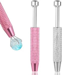 2 Pcs Jeweler's Pick up Tool, Piercing Ball Grabber Tool Mini Grabber Pen Stainless Steel 4 Prongs Claw Tweezers Pearl Grabber Pick up Tool for Electronic Component Diamond Pearls Gem (Pink, Silver)