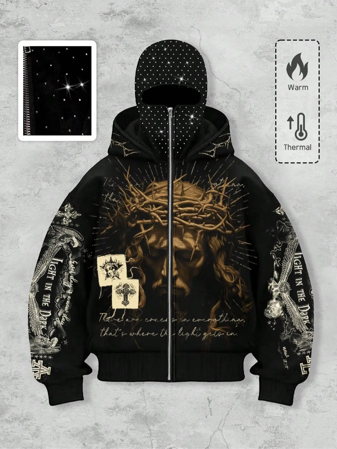 Jesus print hoodie men's street style rhinestone decoration windproof hat jacket men's wear has two hats, pocket and zipper design cardigan hooded sweatshirt, suitable for autumn and winter wear hoodie, cross Graphic Hoodies