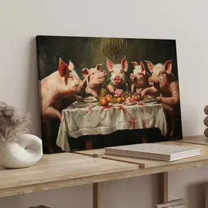 1 Count Wood frame canvas, Vintage style pig herd feeding, fun animal poster, Stylish Decor, Fine bedroom Poster, Modern Art Deco, Stylish Home Poster, Hallway Office Mural, Ideal gift, HD, waterproof, print